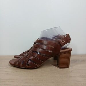 Clarks Sandals Women 9 Brown Leather Strappy Block Heel Woven Boho Summer